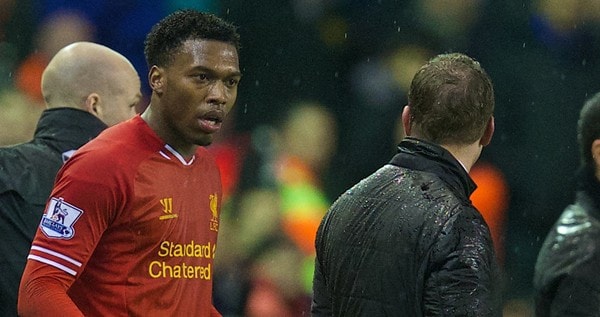 LIVERPOOL, ENGLAND - Tuesday, January 28, 2014: Liverpool's Daniel Sturridge leaves the pitch after scoring two goals against Everton during the 222nd Merseyside Derby Premiership match at Anfield. (Pic by David Rawcliffe/Propaganda)