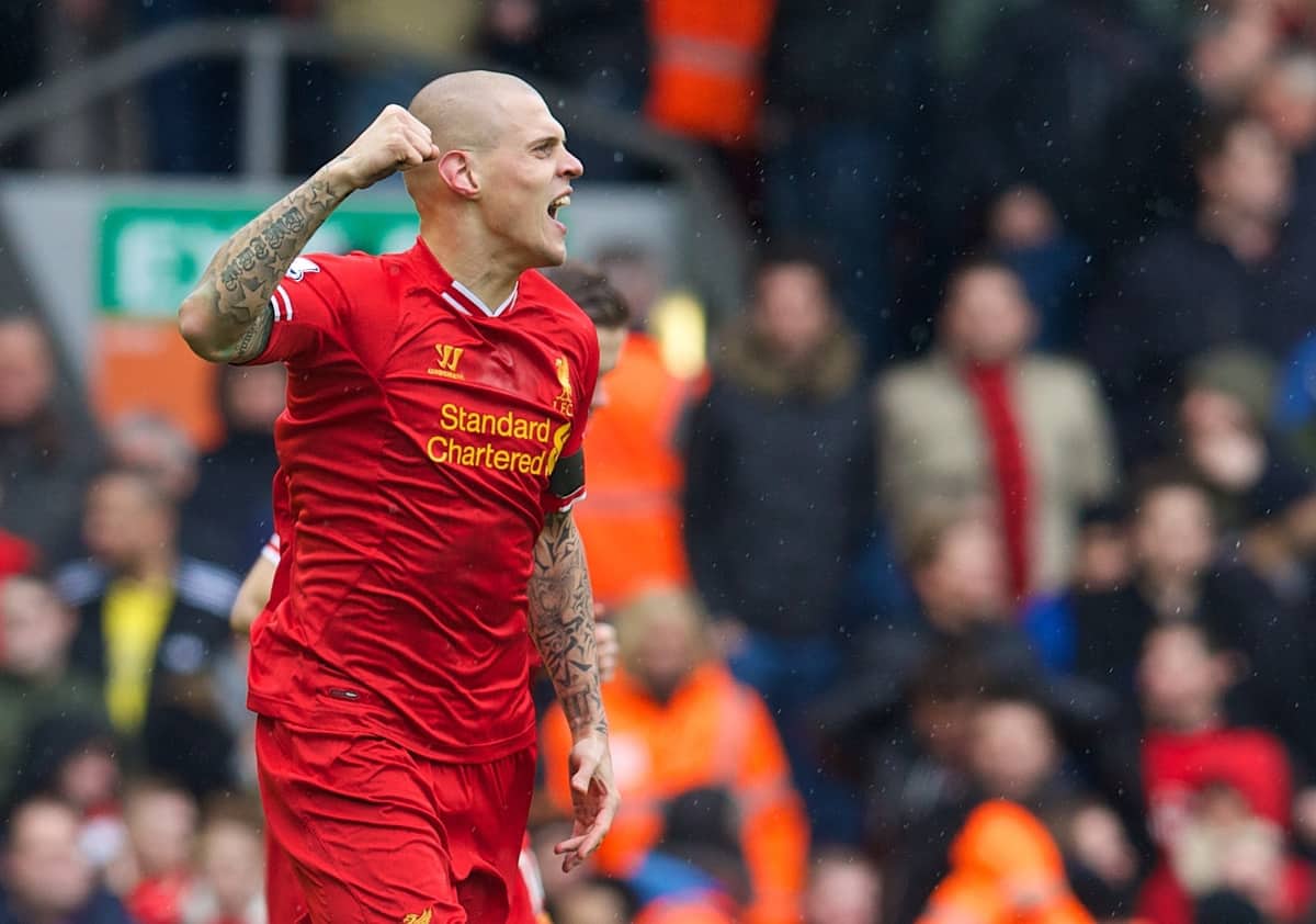 LIVERPOOL, ENGLAND - Saturday, February 8, 2014: Liverpool's Martin Skrtel celebrates scoring the first goal against Arsenal during the Premiership match at Anfield. (Pic by David Rawcliffe/Propaganda)