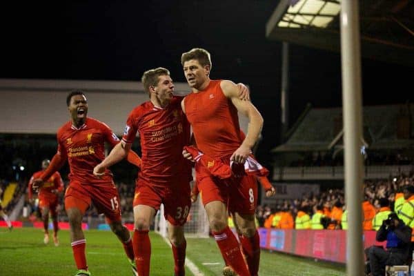LONDON, ENGLAND - Wednesday, February 12, 2014: Liverpool's captain Steven Gerrard celebrates scoring the third goal against Fulham from the penalty spot during the Premiership match at Craven Cottage. (Pic by David Rawcliffe/Propaganda)