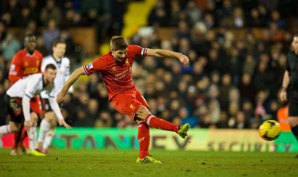 LONDON, ENGLAND - Wednesday, February 12, 2014: Liverpool's captain Steven Gerrard scores the third goal against Fulham from the penalty spot during the Premiership match at Craven Cottage. (Pic by David Rawcliffe/Propaganda)