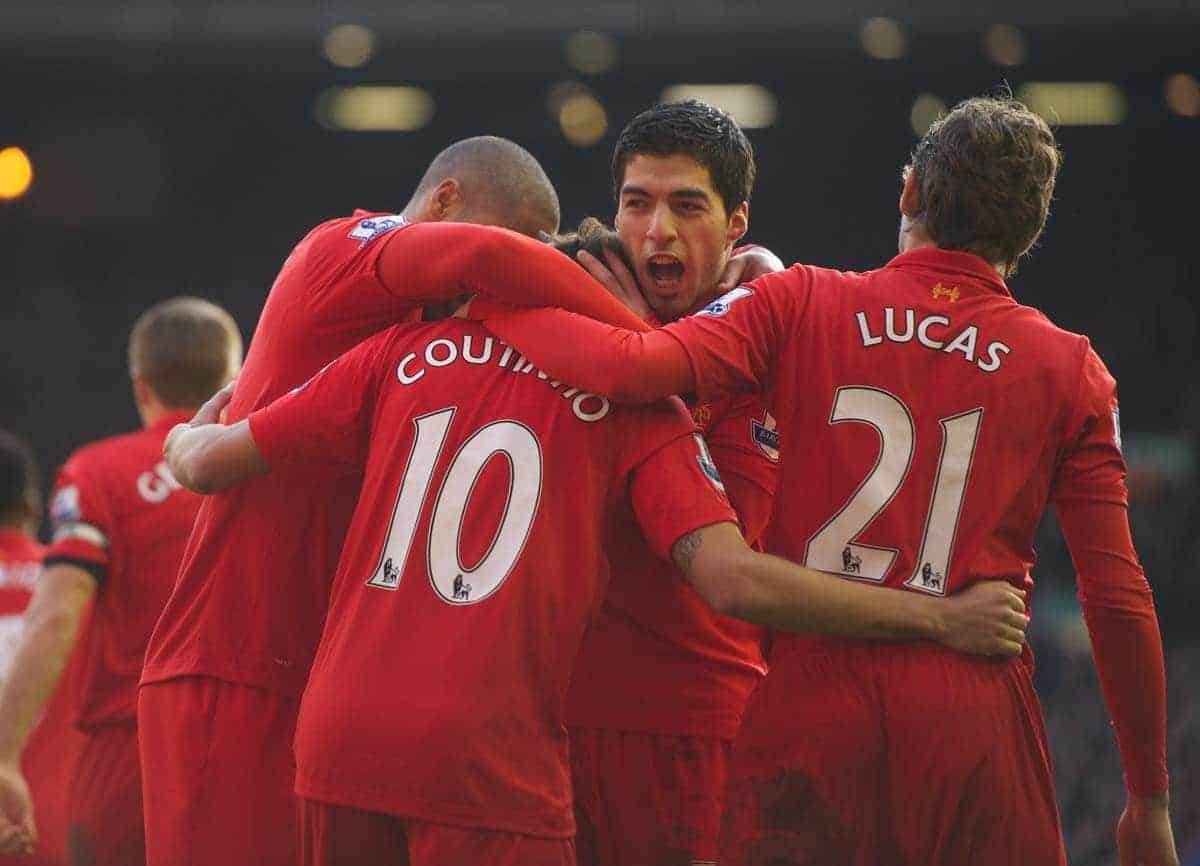 LIVERPOOL, ENGLAND - Sunday, February 17, 2013: Liverpool's new signing Philippe Coutinho Correia celebrates scoring the second goal against Swansea City during the Premiership match at Anfield. (Pic by David Rawcliffe/Propaganda)