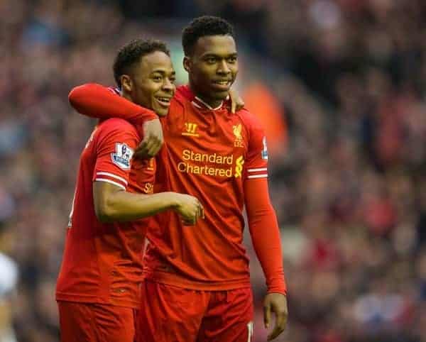 LIVERPOOL, ENGLAND - Sunday, February 23, 2014: Liverpool's Daniel Sturridge celebrates scoring the first goal against Swansea City during the Premiership match at Anfield. (Pic by David Rawcliffe/Propaganda)