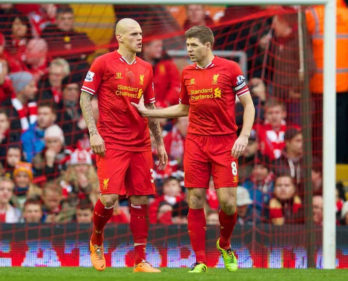 LIVERPOOL, ENGLAND - Sunday, February 23, 2014: Liverpool's Martin Skrtel looks dejected as Swansea City score the third goal during the Premiership match against Liverpoolg at Anfield. (Pic by David Rawcliffe/Propaganda)