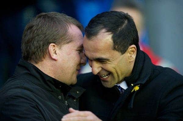 WIGAN, ENGLAND - Saturday, March 2, 2013: Liverpool's manager Brendan Rodgers and Wigan Athletic's manager Roberto Martinez during the Premiership match at the DW Stadium. (Pic by David Rawcliffe/Propaganda)