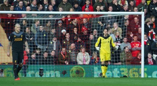 SOUTHAMPTON, ENGLAND - Saturday, March 16, 2013: Liverpool's goalkeeper Brad Jones looks dejected as Southampton score the opening goal during the Premiership match at St. Mary's Stadium. (Pic by David Rawcliffe/Propaganda)