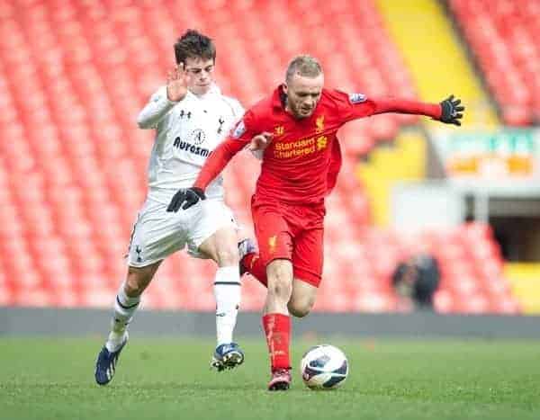 LIVERPOOL, ENGLAND - Easter Monday, April 1, 2013: Liverpool's Ryan McLaughlin in action against Tottenham Hotspur's Kenneth McEvoy during the Under 21 FA Premier League match at Anfield. (Pic by David Rawcliffe/Propaganda)