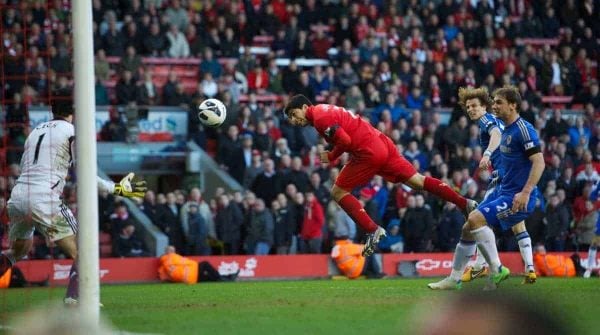 LIVERPOOL, ENGLAND - Sunday, April 21, 2013: Liverpool's Luis Alberto Suarez Diaz scores the second goal against Chelsea during the Premiership match at Anfield. (Pic by David Rawcliffe/Propaganda)