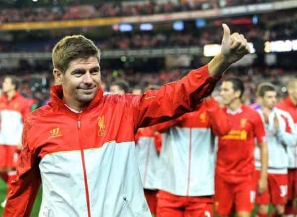 MELBOURNE, AUSTRALIA - Wednesday, July 24, 2013: Liverpool's captain Steven Gerrard waves to the supporters after a 2-0 victory over Melbourne Victory during a preseason friendly match at the Melbourne Cricket Ground. (Pic by David Rawcliffe/Propaganda)