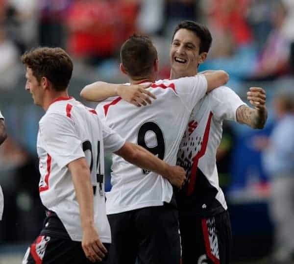 OSLO, NORWAY - Wednesday, August 7, 2013: Liverpool's Luis Alberto celebrates scoring the first goal against Valerenga during a preseason friendly match at the Ullevaal Stadion. (Pic by David Rawcliffe/Propaganda)