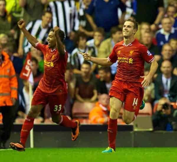 LIVERPOOL, ENGLAND - Tuesday, August 27, 2013: Liverpool's Jordan Henderson celebrates with team-mate Jordon Ibe after scoring his side's fourth goal against Notts County during the Football League Cup 2nd Round match at Anfield. (Pic by David Rawcliffe/Propaganda)