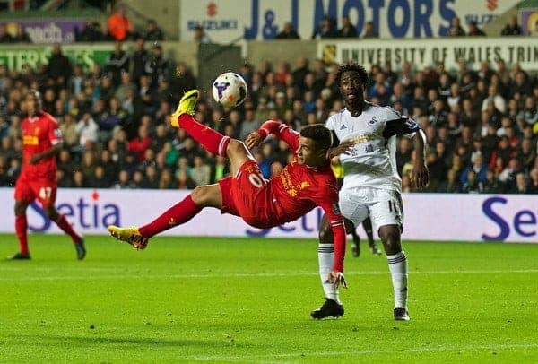 SWANSEA, WALES - Monday, September 16, 2013: Liverpool's Philippe Coutinho Correia in action against Swansea City during the Premiership match at the Liberty Stadium. (Pic by David Rawcliffe/Propaganda)