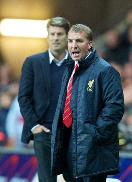 SWANSEA, WALES - Monday, September 16, 2013: Liverpool's manager Brendan Rodgers and Swansea City's manager Brian Laudrup during the Premiership match at the Liberty Stadium. (Pic by David Rawcliffe/Propaganda)