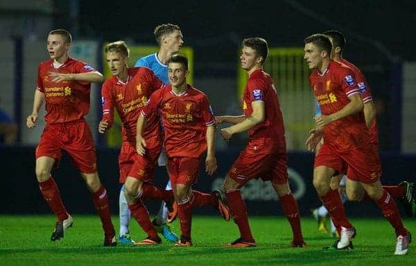 MANCHESTER, ENGLAND - Monday, September 23, 2013: Liverpool's Cameron Brannagan celebrates scoring the second goal against Manchester City during the Under 21 FA Premier League match at Ewen Fields. (Pic by David Rawcliffe/Propaganda)