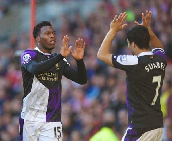 SUNDERLAND, ENGLAND - Sunday, September 29, 2013: Liverpool's Daniel Sturridge celebrates scoring the first goal against Sunderland with team-mate Luis Suarez during the Premiership match at the Stadium of Light. (Pic by David Rawcliffe/Propaganda)