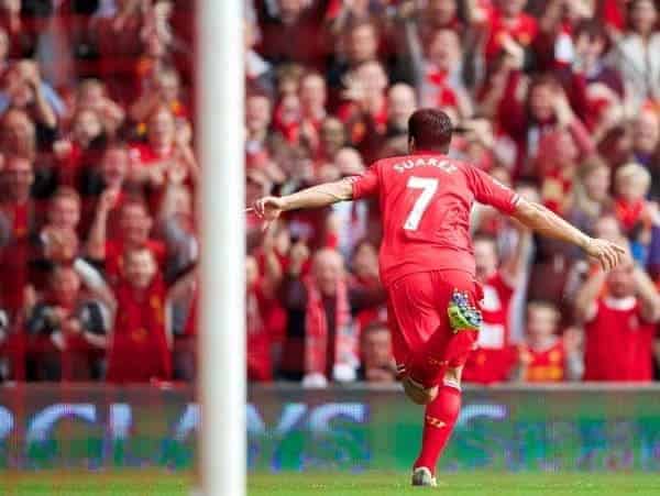 LIVERPOOL, ENGLAND - Saturday, October 5, 2013: Liverpool's Luis Suarez celebrates scoring the first goal against Crystal Palace during the Premiership match at Anfield. (Pic by David Rawcliffe/Propaganda)