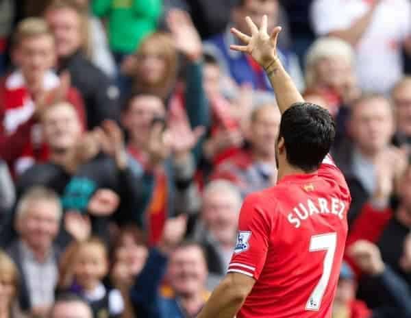 LIVERPOOL, ENGLAND - Saturday, October 5, 2013: Liverpool's Luis Suarez celebrates scoring the first goal against  Crystal Palace during the Premiership match at Anfield. (Pic by David Rawcliffe/Propaganda)