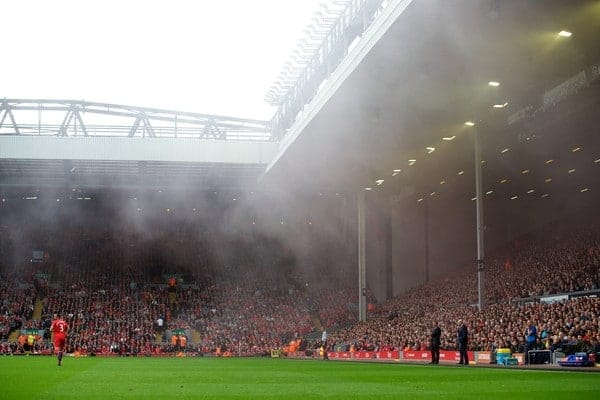 LIVERPOOL, ENGLAND - Saturday, October 5, 2013: Crystal Palace supporters setting off a smoke bomb in the game against Liverpool in the Premiership match at Anfield. (Pic by David Rawcliffe/Propaganda)