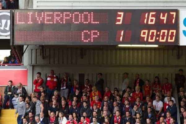 LIVERPOOL, ENGLAND - Saturday, October 5, 2013: The Anfield scoreboard records Liverpool's 3-1 victory over Crystal Palace during the Premiership match at Anfield. (Pic by David Rawcliffe/Propaganda)