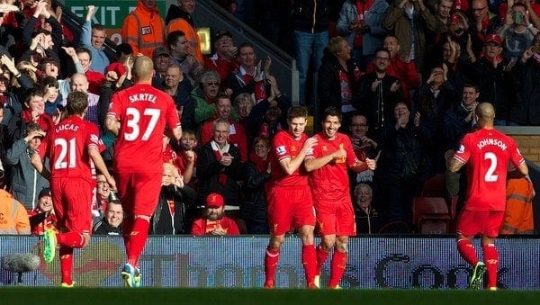 LIVERPOOL, ENGLAND - Saturday, October 26, 2013: Liverpool's Luis Suarez celebrates scoring the second goal against West Bromwich Albion during the Premiership match at Anfield. (Pic by David Rawcliffe/Propaganda)