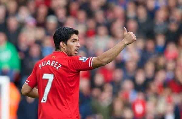 LIVERPOOL, ENGLAND - Saturday, October 26, 2013: Liverpool's Luis Suarez celebrates scoring the second goal against West Bromwich Albion during the Premiership match at Anfield. (Pic by David Rawcliffe/Propaganda)