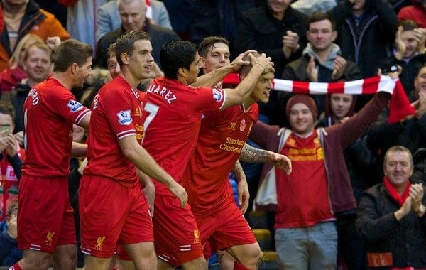 LIVERPOOL, ENGLAND - Saturday, November 9, 2013: Liverpool's Martin Skrtel celebrates scoring the second goal against Fulham during the Premiership match at Anfield. (Pic by David Rawcliffe/Propaganda)