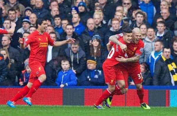 LIVERPOOL, ENGLAND - Saturday, November 23, 2013: Liverpool's Philippe Coutinho Correia celebrates scoring the first goal against Everton during the 221st Merseyside Derby Premiership match at Goodison Park. (Pic by David Rawcliffe/Propaganda)