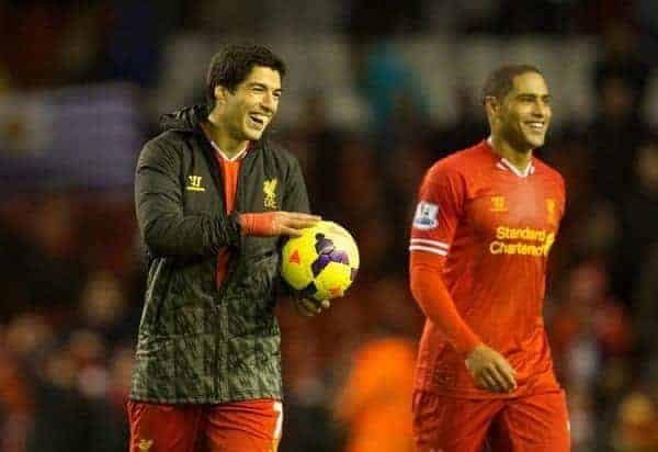 LIVERPOOL, ENGLAND - Wednesday, December 4, 2013: Liverpool's Luis Suarez walks off with the match-hall after his four goals helped seal a 5-1 victory against Norwich City during the Premiership match at Anfield. (Pic by David Rawcliffe/Propaganda)