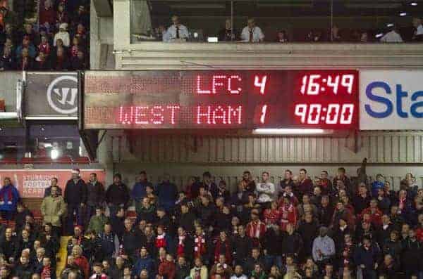 LIVERPOOL, ENGLAND - Saturday, December 7, 2013: Liverpool's scoreboard records the 4-1 victory over West Ham United during the Premiership match at Anfield. (Pic by David Rawcliffe/Propaganda)