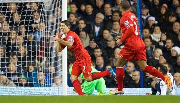 LONDON, ENGLAND - Sunday, December 15, 2013: Liverpool's Luis Suarez celebrates scoring the first goal against Tottenham Hotspur during the Premiership match at White Hart Lane. (Pic by David Rawcliffe/Propaganda)