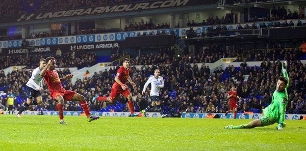 LONDON, ENGLAND - Sunday, December 15, 2013: Liverpool's Raheem Sterling scores the fifth goal against Tottenham Hotspur during the Premiership match at White Hart Lane. (Pic by David Rawcliffe/Propaganda)