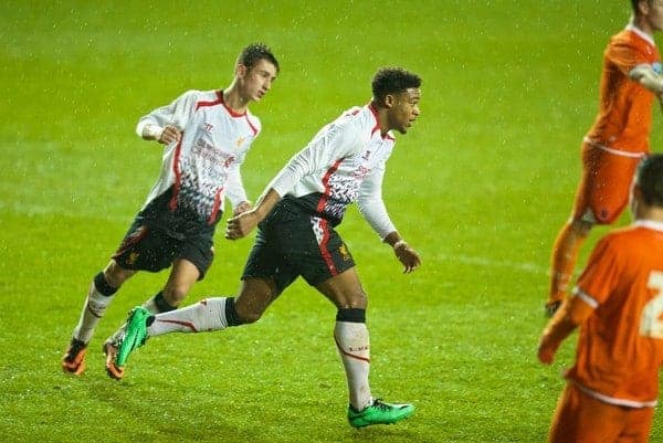 BLACKPOOL, ENGLAND - Wednesday, December 18, 2013: Liverpool's Jordon Ibe celebrates scoring the first goal against Blackpool during the FA Youth Cup 3rd Round match at Bloomfield Road. (Pic by David Rawcliffe/Propaganda)