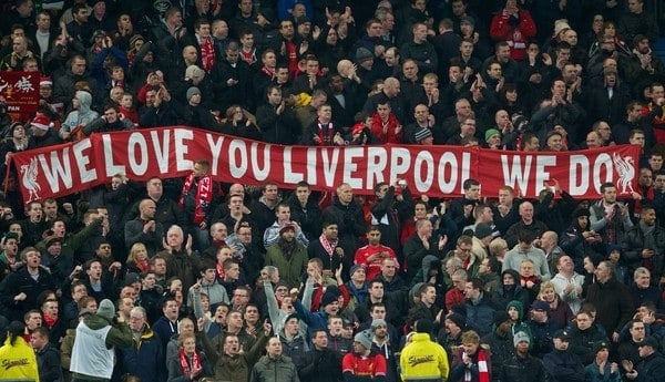 MANCHESTER, ENGLAND - Boxing Day Thursday, December 26, 2013: Liverpool supporters' banner during the Premiership match against Manchester City at the City of Manchester Stadium. (Pic by David Rawcliffe/Propaganda)