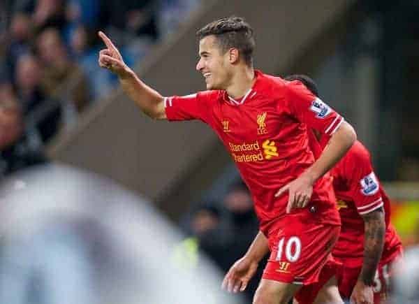 MANCHESTER, ENGLAND - Boxing Day Thursday, December 26, 2013: Liverpool's Philippe Coutinho Correia celebrates scoring the first goal against Manchester City during the Premiership match at the City of Manchester Stadium. (Pic by David Rawcliffe/Propaganda)