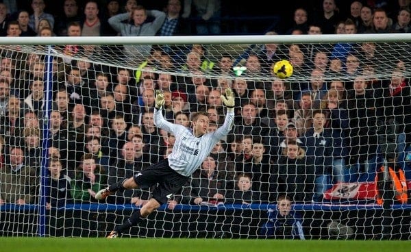 LONDON, ENGLAND - Sunday, December 29, 2013: Liverpool's goalkeeper Simon Mignolet is helpless to prevent Chelsea scoring the first equalising goal to level the score at 1-1 during the Premiership match at Stamford Bridge. (Pic by David Rawcliffe/Propaganda)