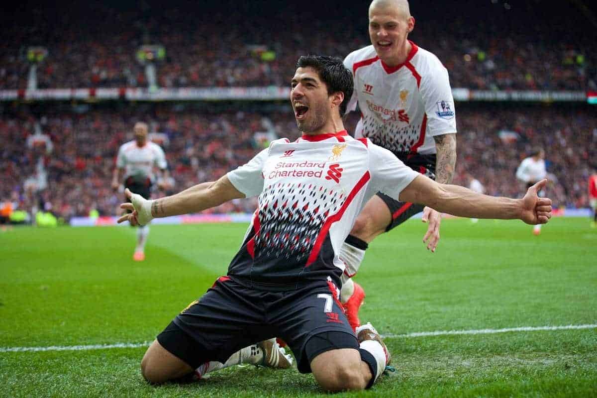 MANCHESTER, ENGLAND - Sunday, March 16, 2014: Liverpool's Luis Suarez celebrates scoring the third goal against Manchester United during the Premiership match at Old Trafford. (Pic by David Rawcliffe/Propaganda)