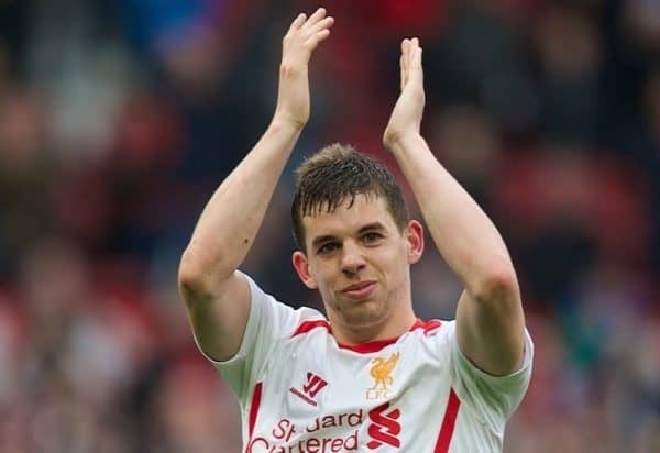 MANCHESTER, ENGLAND - Sunday, March 16, 2014: Liverpool's Jon Flanagan celebrates after a 3-0 victory over Manchester United during the Premiership match at Old Trafford. (Pic by David Rawcliffe/Propaganda)