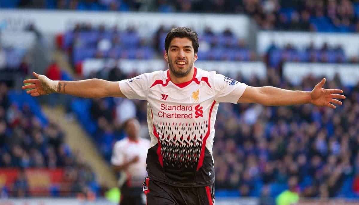 CARDIFF, WALES - Saturday, March 22, 2014: Liverpool's Luis Suarez celebrates scoring the sixth goal against Cardiff City during the Premiership match at the Cardiff City Stadium. (Pic by David Rawcliffe/Propaganda)