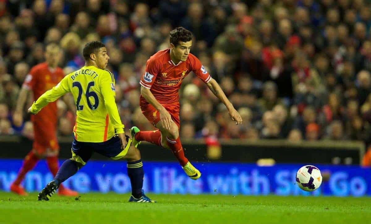 LIVERPOOL, ENGLAND - Wednesday, March 26, 2014: Liverpool's Philippe Coutinho Correia in action against Sunderland during the Premiership match at Anfield. (Pic by David Rawcliffe/Propaganda)