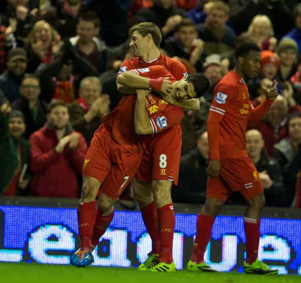 LIVERPOOL, ENGLAND - Wednesday, March 26, 2014: Liverpool's captain Steven Gerrard celebrates scoring the first goal against Sunderland during the Premiership match at Anfield. (Pic by David Rawcliffe/Propaganda)