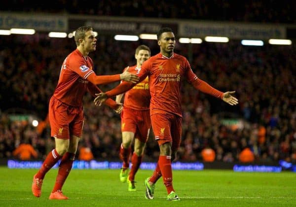 LIVERPOOL, ENGLAND - Wednesday, March 26, 2014: Liverpool's Daniel Sturridge celebrates scoring the second goal against Sunderland during the Premiership match at Anfield. (Pic by David Rawcliffe/Propaganda)