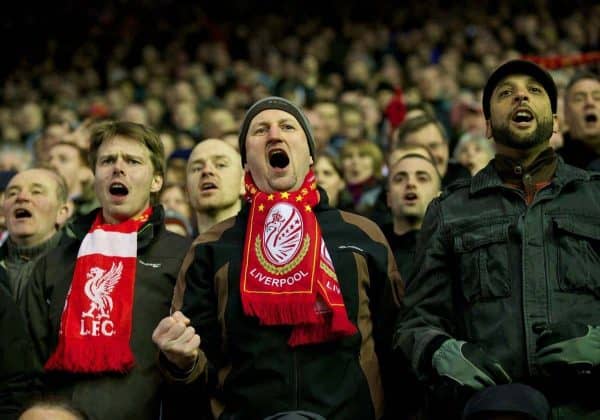 LIVERPOOL, ENGLAND - Wednesday, March 26, 2014: Liverpool supporters cheer their side on to victory over Sunderland during the Premiership match at Anfield. (Pic by David Rawcliffe/Propaganda)