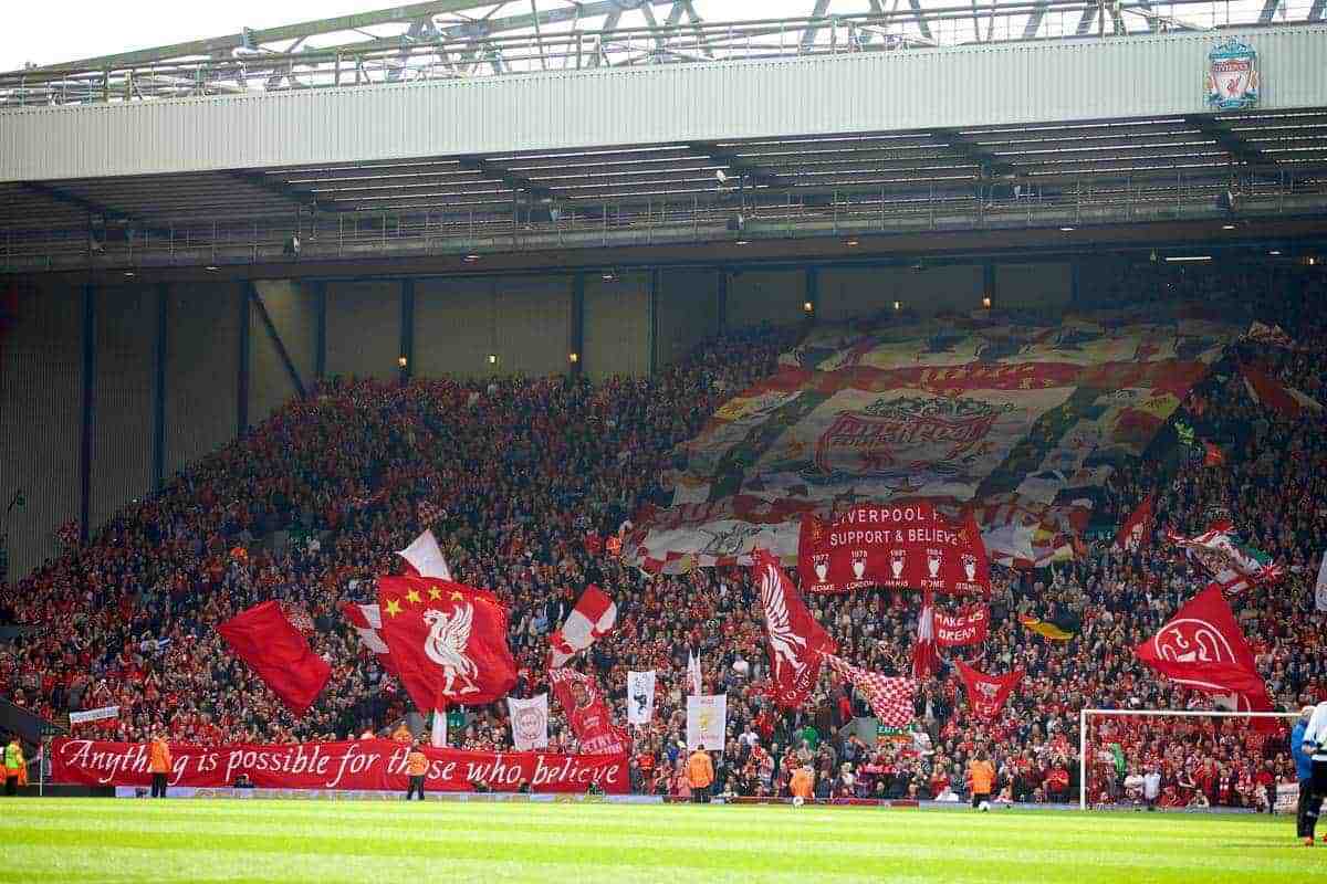 LIVERPOOL, ENGLAND - Sunday, March 30, 2014: Liverpool supporters on the Spion Kop before the Premiership match against Tottenham Hotspur at Anfield. (Pic by David Rawcliffe/Propaganda)