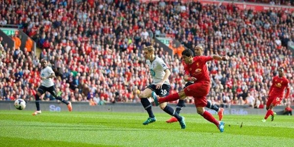 LIVERPOOL, ENGLAND - Sunday, March 30, 2014: Liverpool's Luis Suarez scores the second goal against Tottenham Hotspur during the Premiership match at Anfield. (Pic by David Rawcliffe/Propaganda)