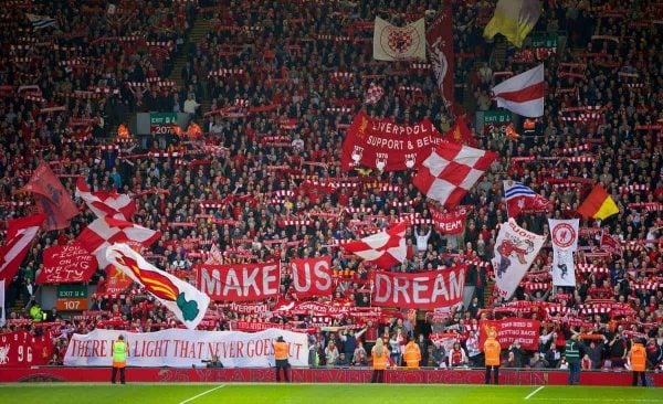 LIVERPOOL, ENGLAND - Sunday, April 13, 2014: Liverpool fans on the Spion Kop before the Premiership match against Manchester City at Anfield. (Pic by David Rawcliffe/Propaganda)