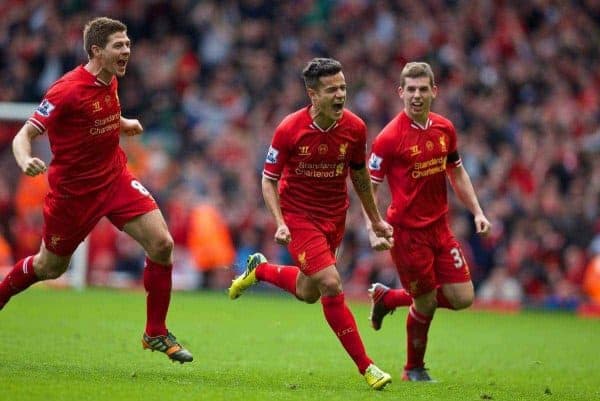 LIVERPOOL, ENGLAND - Sunday, April 13, 2014: Liverpool's Philippe Coutinho Correia celebrates scoring the third goal against Manchester City during the Premiership match at Anfield. (Pic by David Rawcliffe/Propaganda)