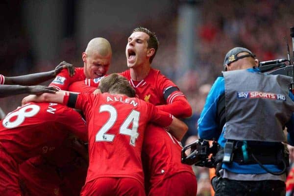 LIVERPOOL, ENGLAND - Sunday, April 13, 2014: Liverpool's Philippe Coutinho Correia celebrates scoring the third goal against Manchester City during the Premiership match at Anfield. (Pic by David Rawcliffe/Propaganda)