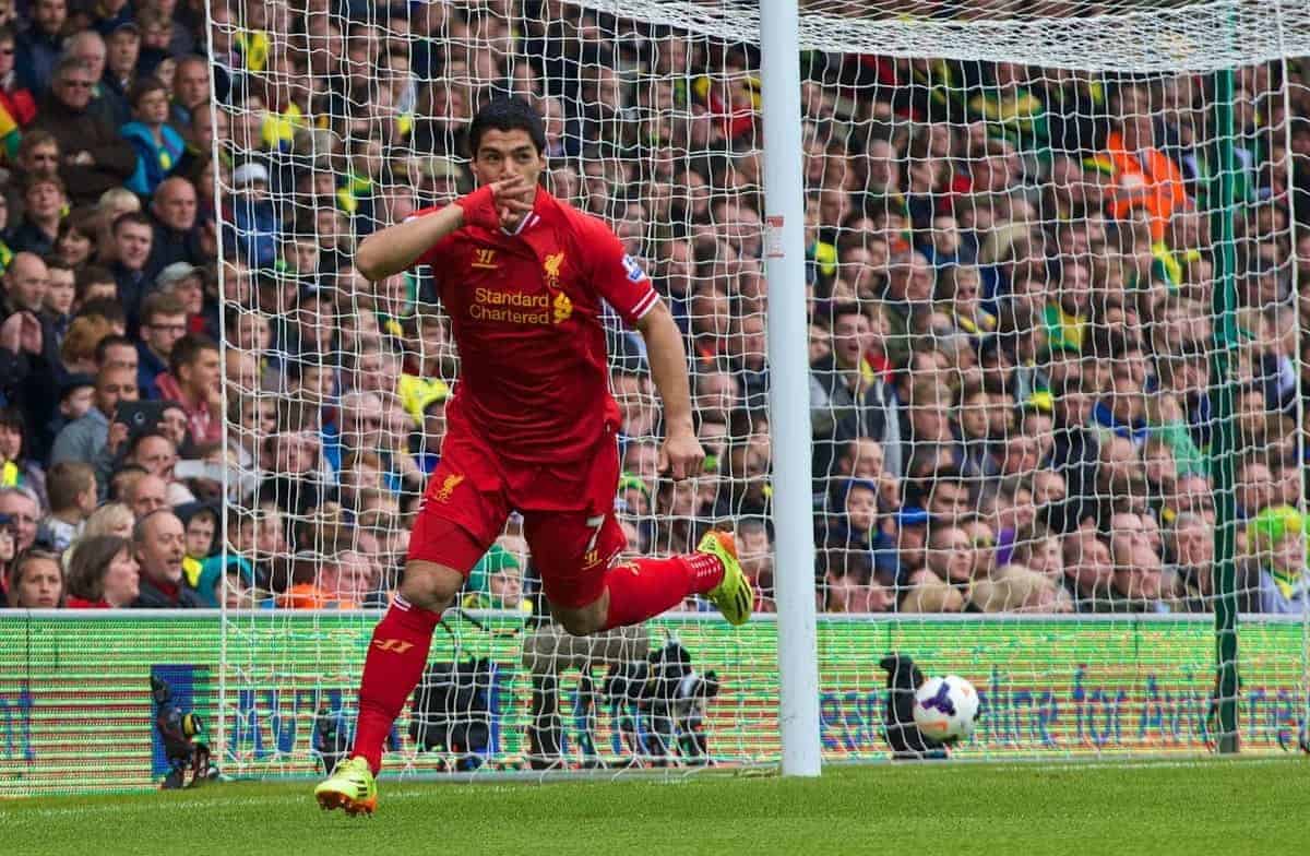 NORWICH, ENGLAND - Sunday, April 20, 2014: Liverpool's Luis Suarez celebrates scoring the second goal against Norwich City during the Premiership match at Carrow Road. (Pic by David Rawcliffe/Propaganda)