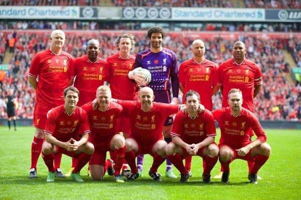 LIVERPOOL, ENGLAND - Easter Monday, April 21, 2014: Liverpool players line up for a team group photograph before the Celebration of the 96 match at Anfield. Back row L-R:  Mark Wright, Michael Thomas, Steve McManaman, David James, Rob Jones, John Barnes. Front row L-R: Michael Owen, David Burrows, Gary McAllister, Robbie Fowler, Jason McAteer. (Pic by David Rawcliffe/Propaganda)