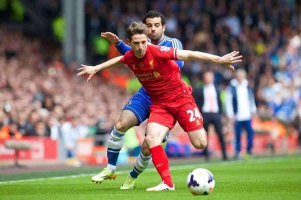 LIVERPOOL, ENGLAND - Sunday, April 27, 2014: Liverpool's Joe Allen in action against Chelsea during the Premiership match at Anfield. (Pic by David Rawcliffe/Propaganda)