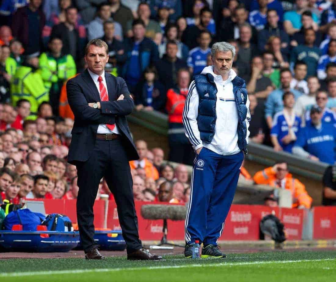 LIVERPOOL, ENGLAND - Sunday, April 27, 2014: Chelsea's manager Jose Mourinho and Liverpool's manager Brendan Rodgers during the Premiership match at Anfield. (Pic by David Rawcliffe/Propaganda)